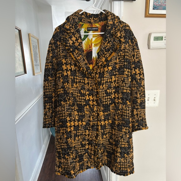 Vintage Dolce and Gabbana Black and Yellow Notch Lapel Tweed Coat - Picture 2 of 9